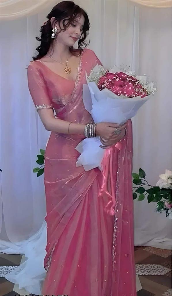 Women's Pink Organza Silk Saree with Sequins Work | Designer Party Wear Saree with Matching Blouse Piece | Elegant Ethnic Wear view 2