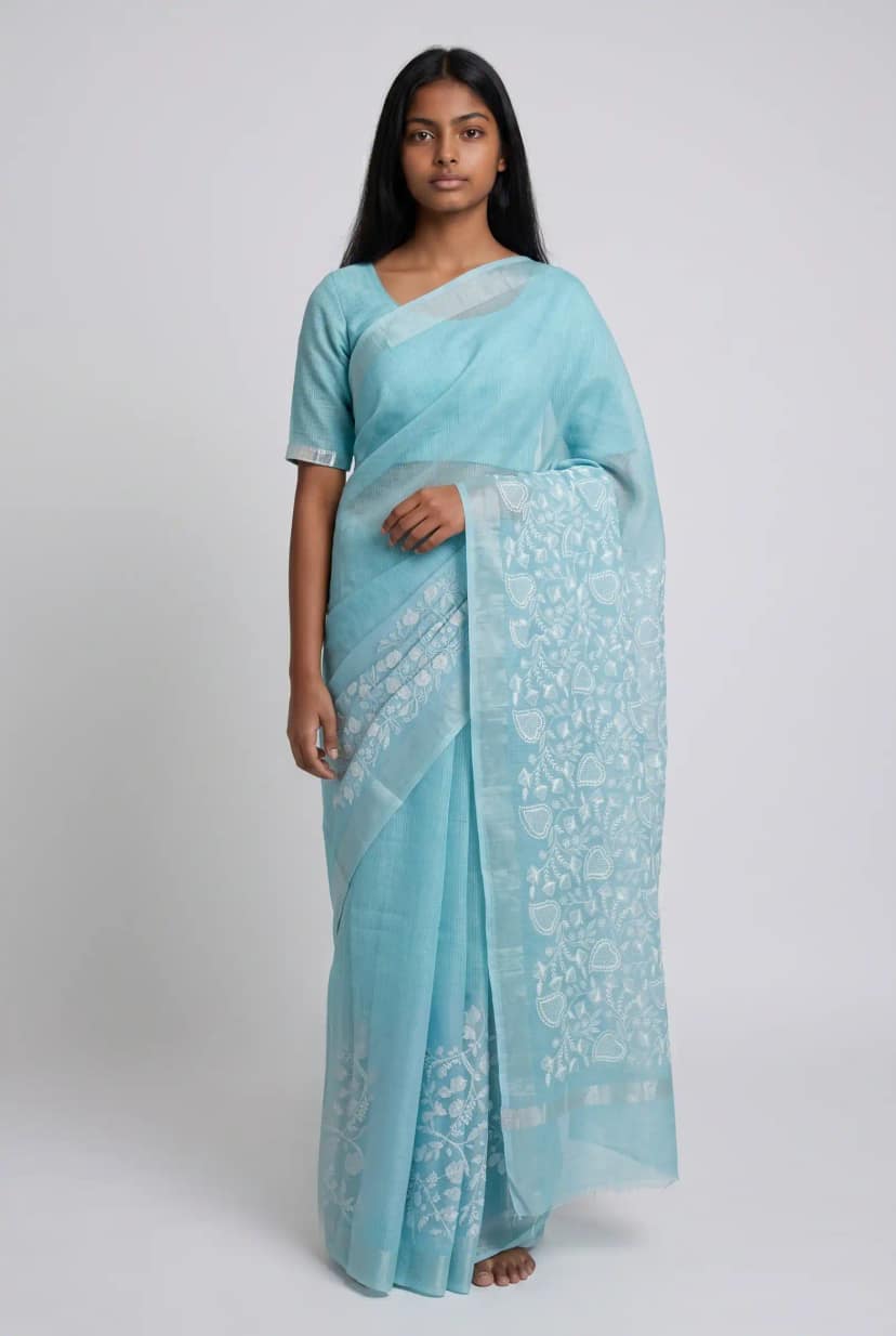 Kota Doria Cotton Saree Powder Blue Embroidered Paisley