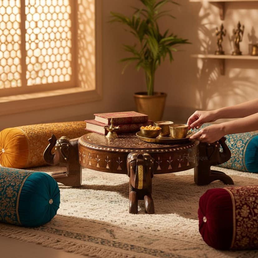 Beautiful Handmade Bone Inlay Elephant Chowki Table | Side Coffee Table view 2