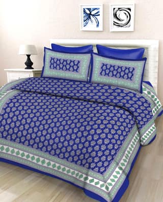 Lali Prints Blue White Floral Printed Cotton 130 TC Queen Bedsheet With 2 Pillow Covers
