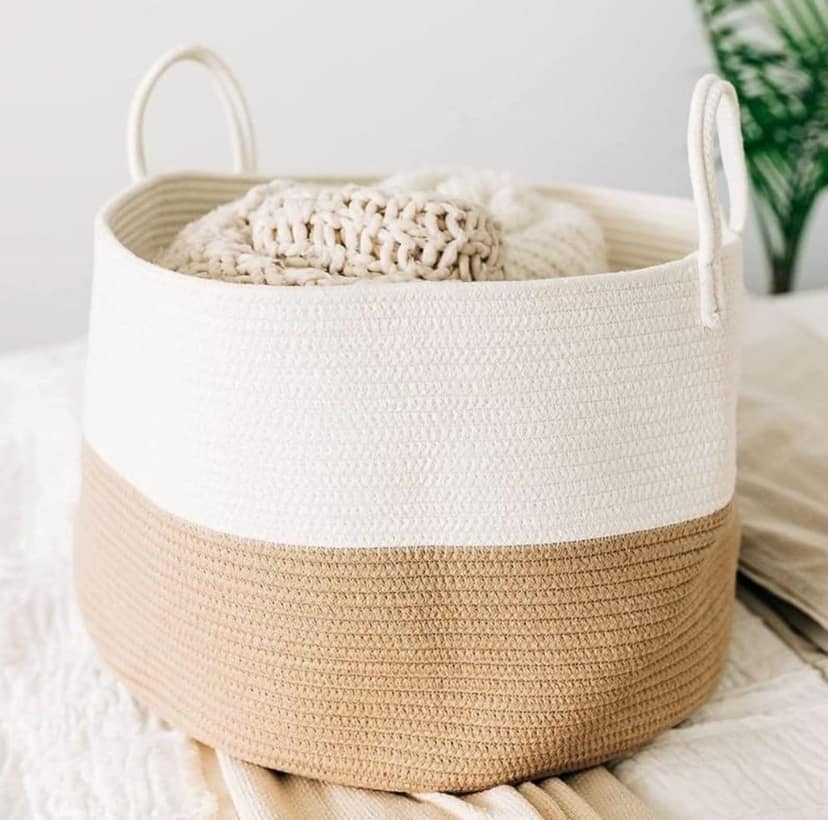 Generic Cotton Pack Of_1 12x14 Inch Laundry Storage Basket For Clothes (Beige-White)-PID66397 view 2