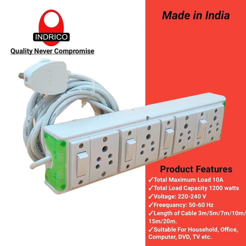 INDRICO Electric Junction Switch Board Multi Outlet Power Box with individual Switch Socket with heavy Duty Long Extension Wire Strip Cords for Home White-Green/Blue Pack of 1 view 2