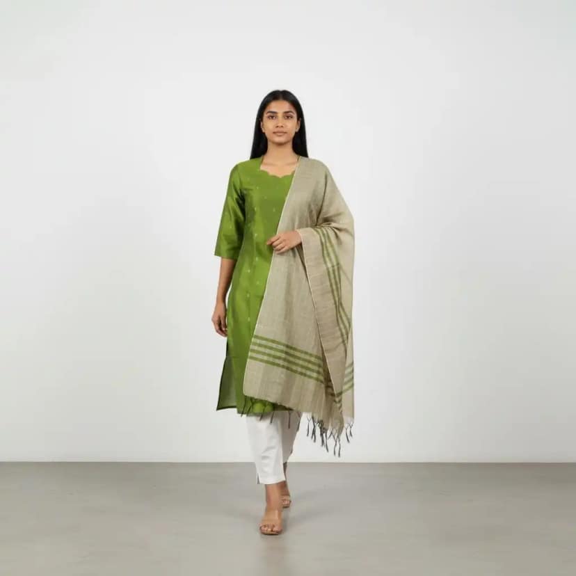 Parrot Green Mangalagiri Raw Silk Kurti with Buttas and Dupatta