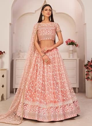 Gorgeous Peach Mono Net Wedding Wear Lehenga Choli