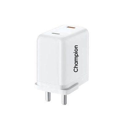 Champion 25W PD Wall Charger/Adapter with Dual Output (USB + Type C) Supports PPS/Warp/Dash/SuperVooc Charging Via USB Port & PD Charge for iPhone & Android Devices (White)