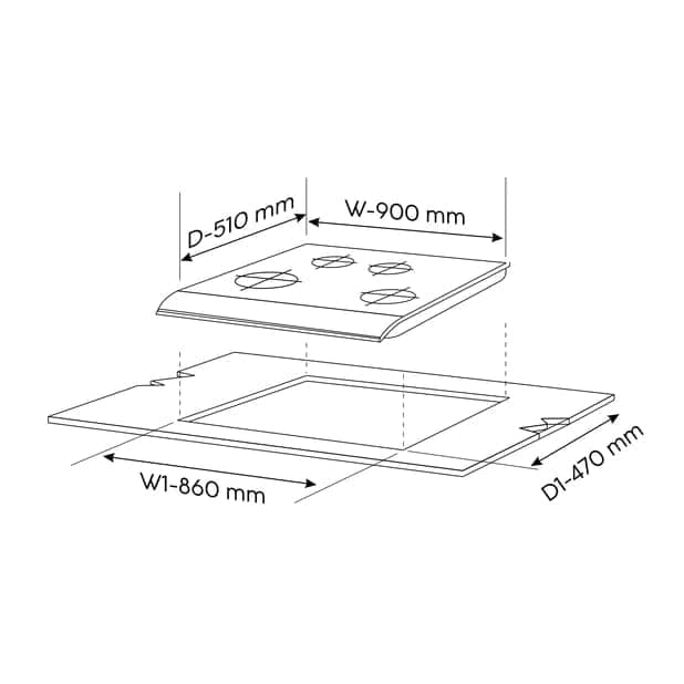 4 Burner Glass Gas Hob Top with Triple Ring, Mini TR Total Double Ring Brass Burner (1094XLCIHTT2TR) view 2