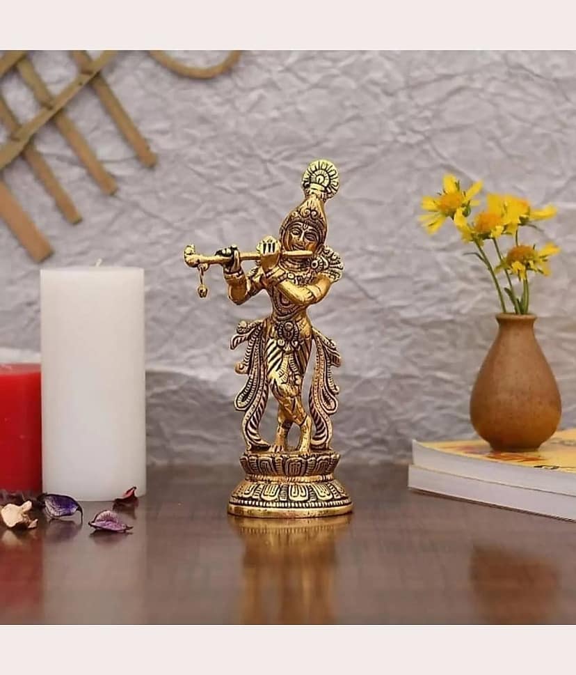Fashion Bizz Golden Metal Krishna Playing Flute Decorative Showpiece - 23 cm