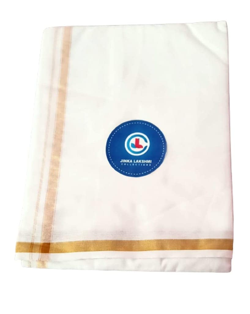 JINKA LAKSHMI COLLECTIONS 100% Cotton White Lungi 2 Meters Unstitched Pack of 1 (White Gold Combo) view 2