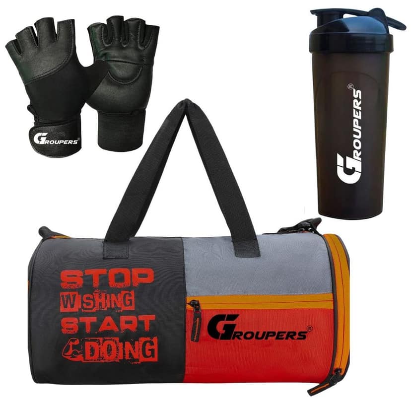 GROUPERS Duffel Bag l Gym Bags l Gym Gloves l Gym Shaker Bottle-700 ML