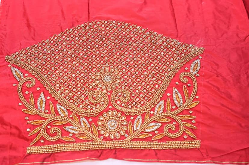 Red and gold hand embroidered blouse view 2