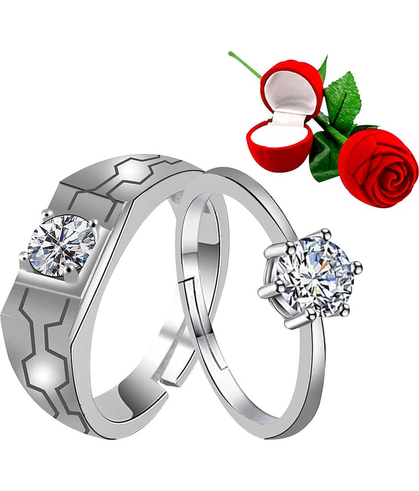 Silver Plated Adjustable Couple Rings Set for lovers Ring with 1 Piece Red Rose Gift Box for Men and Women