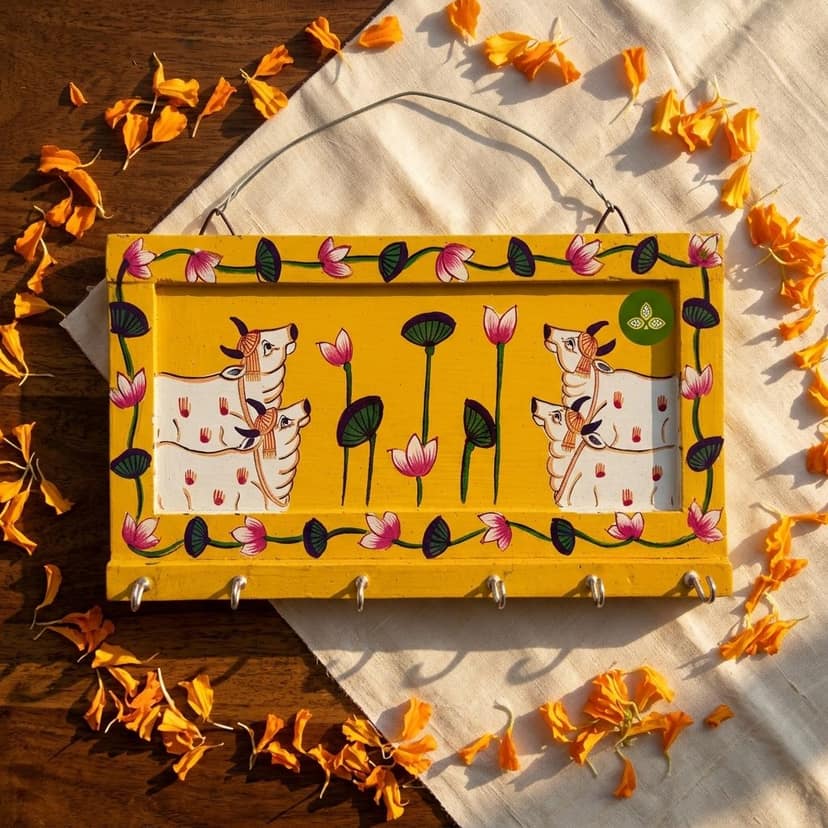 Hand Painted Four Cow Pichwai Art Wooden Yellow Color Key Holder