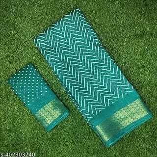 Light Green Colour Zigzag Printed Print Zari Border Dola Silk Saree With Blouse Piece
