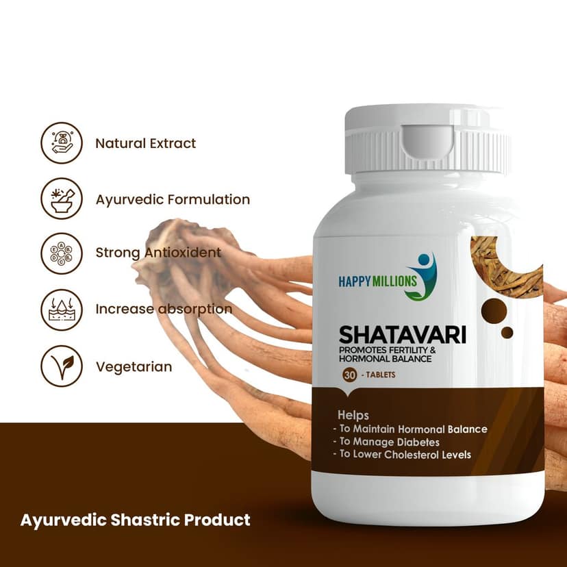 Happy Millions Ayurvedic Shatavari - Promotes Fertility & Hormone Balance | 30 Tablet view 2