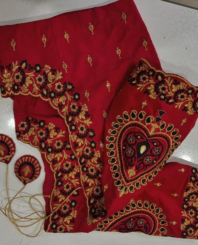 Red and black embroidered designer blouse with sweetheart neckline view 2