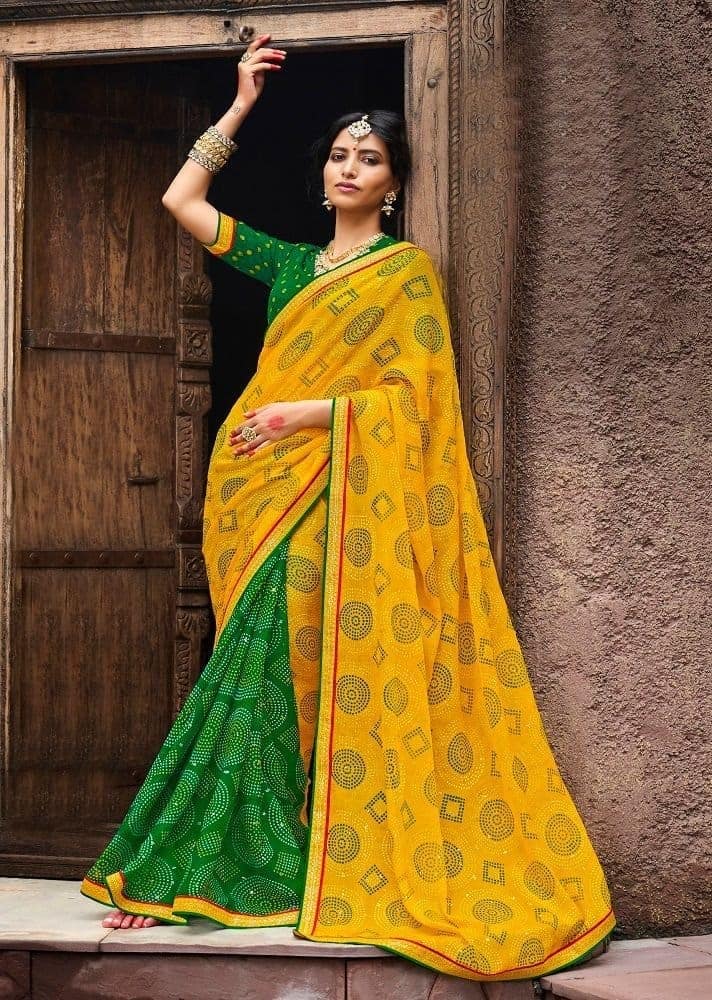 Multicolor Color Stone Work Bandhani Print Chiffon Saree With Zari Work Border And Zari Work Dupion Silk Blouse Piece