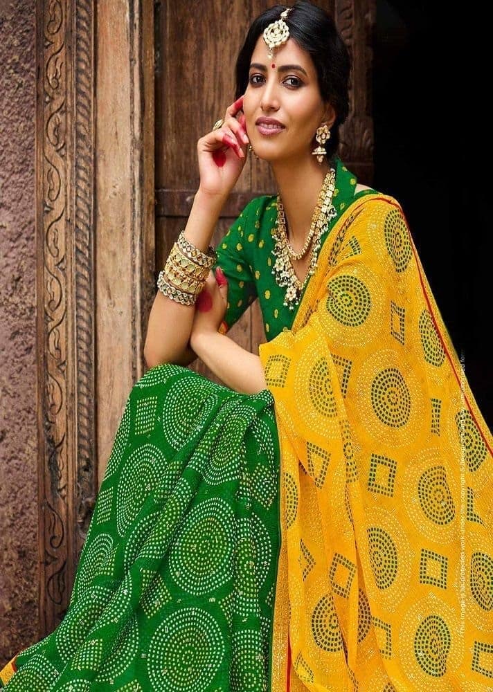 Multicolor Color Stone Work Bandhani Print Chiffon Saree With Zari Work Border And Zari Work Dupion Silk Blouse Piece view 2