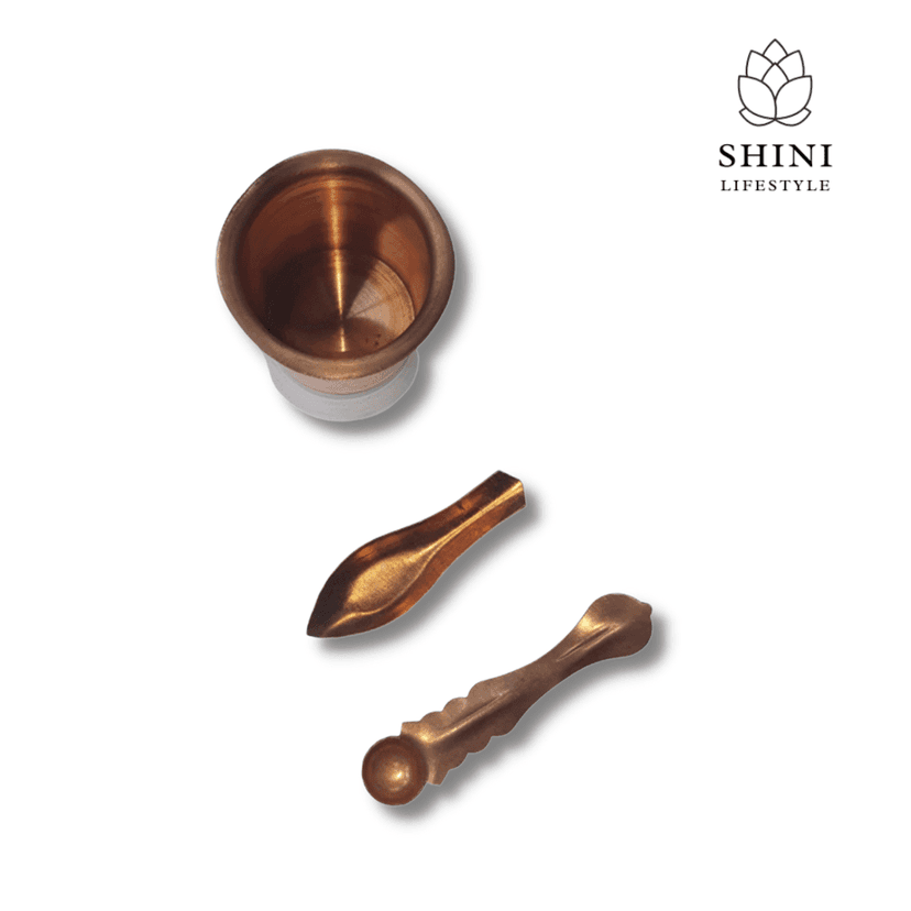 SHINI LIFESTYLE Copper Panch Patra Glass with arga & aachmani, Panchapatra Set to Serve Holy Water, for Poojan Purpose 5.5cm