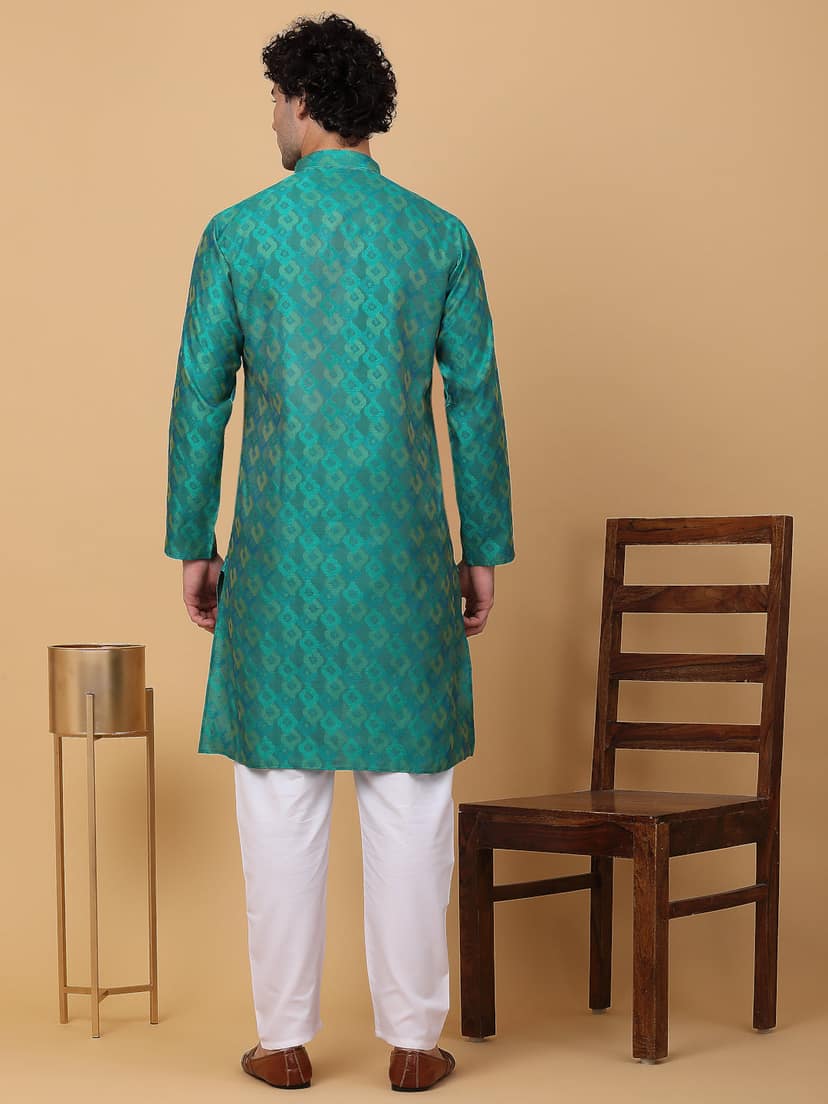 KRAFT INDIA Men Jacquard Knee Length Kurta With White Elastic Waistband Pyjama Set view 2