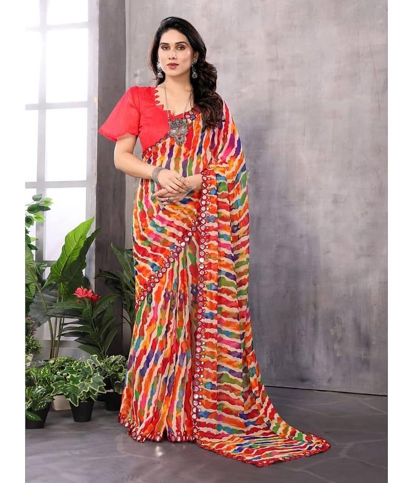 BLEESBURY Georgette Printed Saree With Unstitched Blouse Piece ( Red )