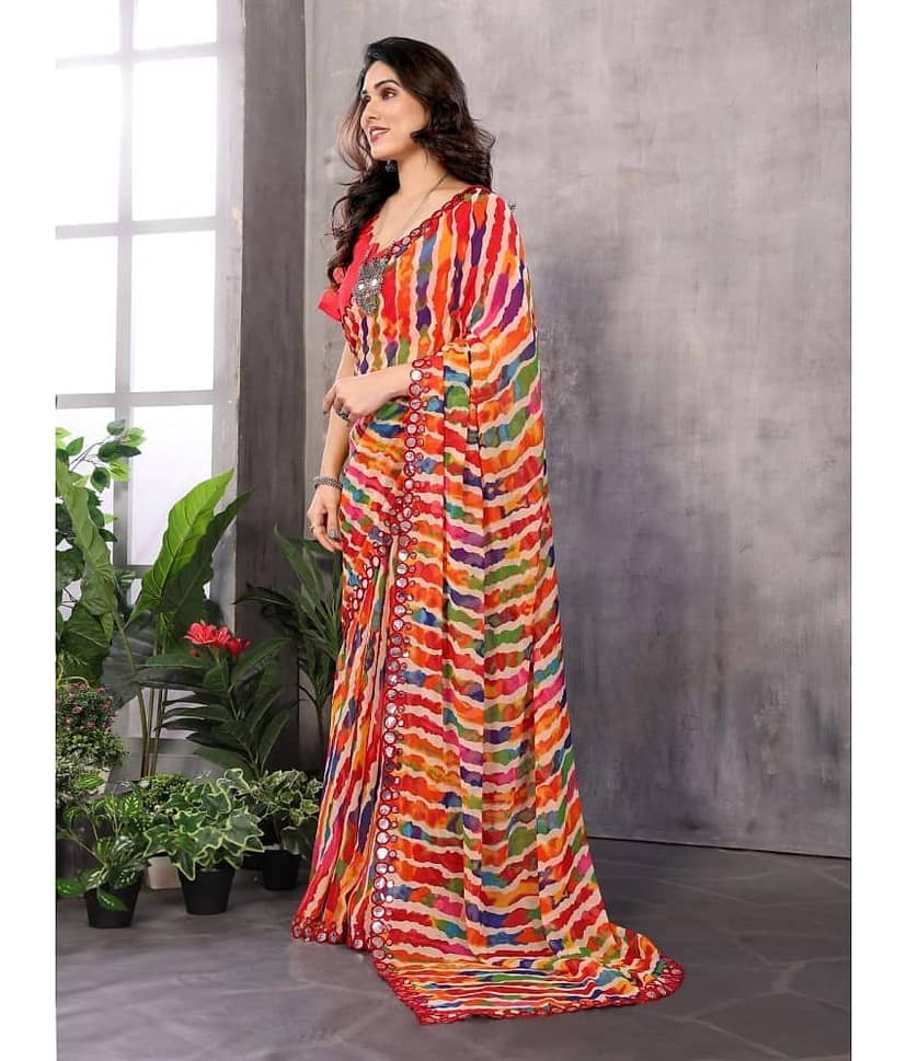BLEESBURY Georgette Printed Saree With Unstitched Blouse Piece ( Red ) view 2