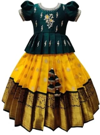 Lakshmi Computer Embroidery Designs - Green and Yellow Embroidered Silk Lehenga Choli for Girls