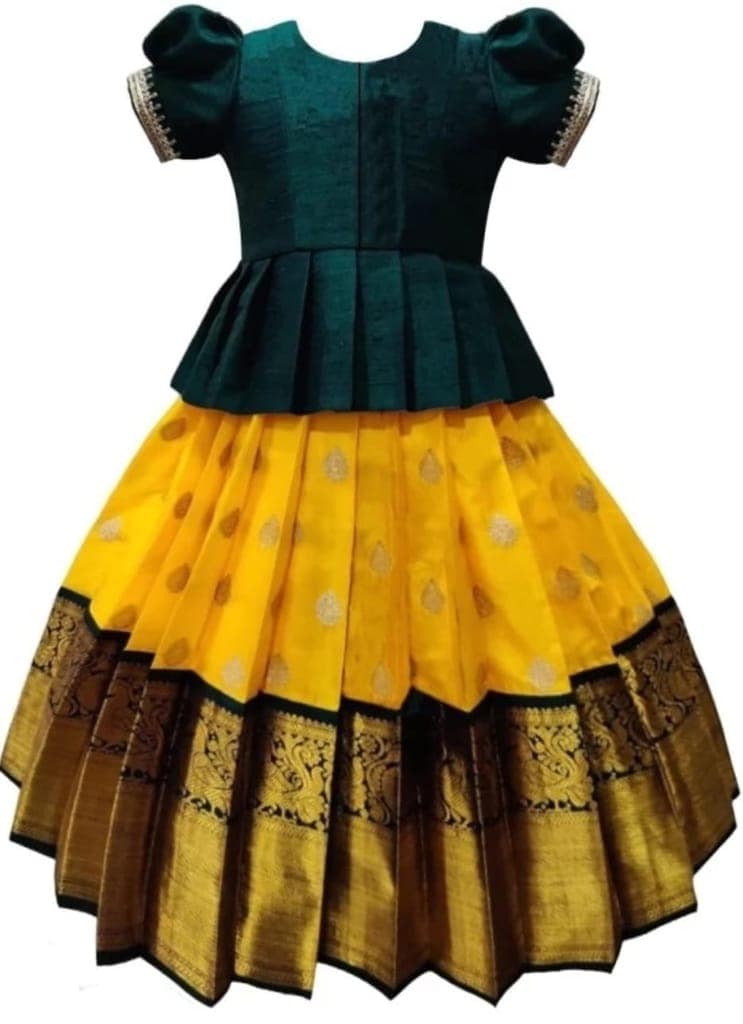 Lakshmi Computer Embroidery Designs - Green and Yellow Embroidered Silk Lehenga Choli for Girls view 2