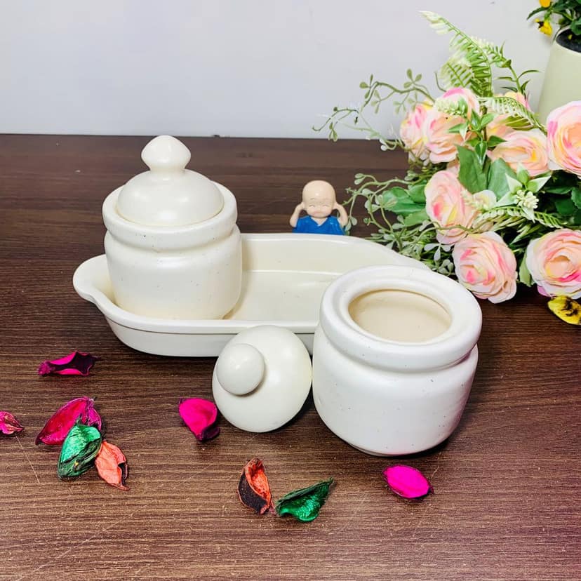 Homefrills Handcrafted Multi-Utility Storage Ceramic Jars & Containers with Lid & Tray for Kitchen & Dinning Table Snacks/Chutney/Pickle Serving jar set(2 jars with Lid & 1 Tray) Colour-White view 2