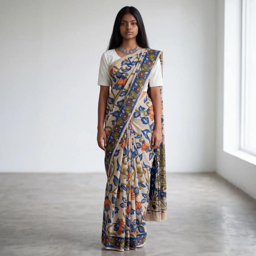 Pedana Kalamkari Screen-Print Cotton Mulmul Saree in Beige and Indigo