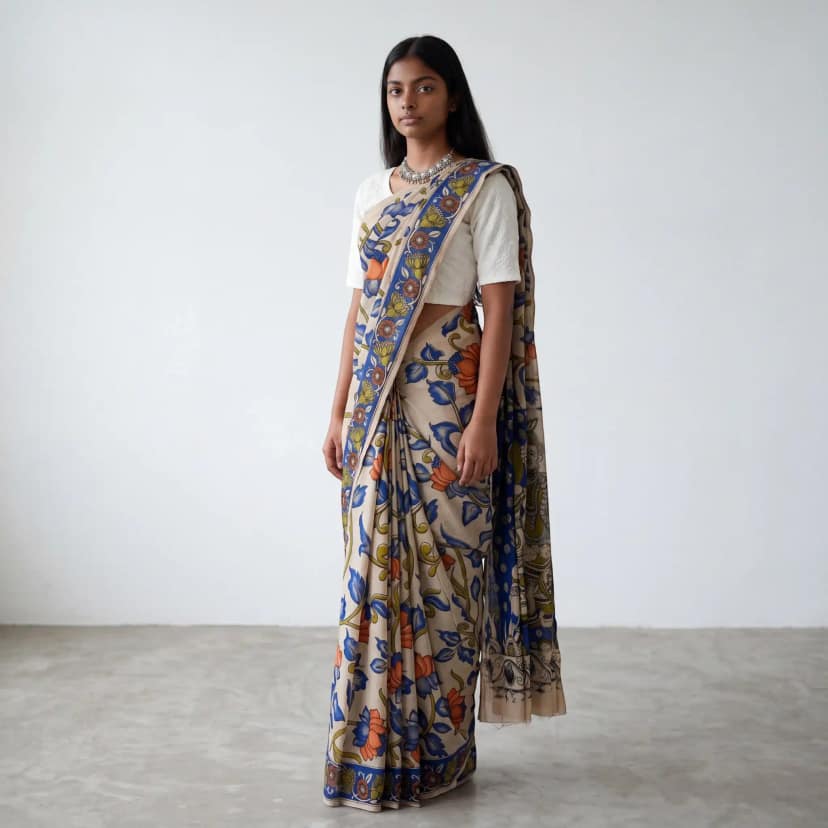 Pedana Kalamkari Screen-Print Cotton Mulmul Saree in Beige and Indigo view 2
