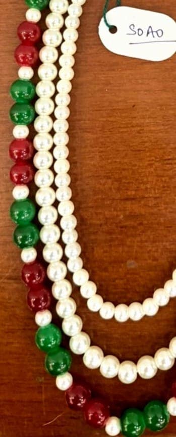 three-layer tricolor red,green and white moti pearl necklace view 2