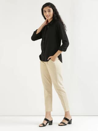 Women's Black Solid Shirt With Beige Top