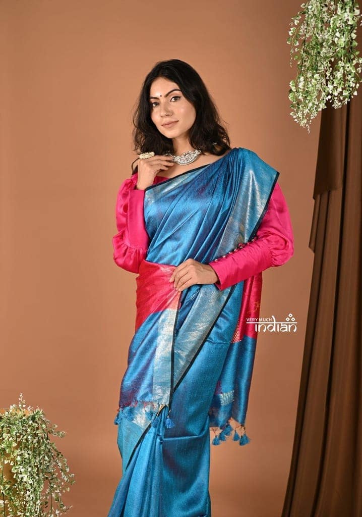 Handloom and Charkha Woven Pure Dupion Silk by Govt certified Weavers - Turqoise Blue view 2