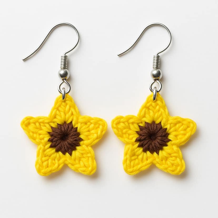Handmade Crochet Sunflower Earrings - Star Shaped, Yellow & Brown view 2