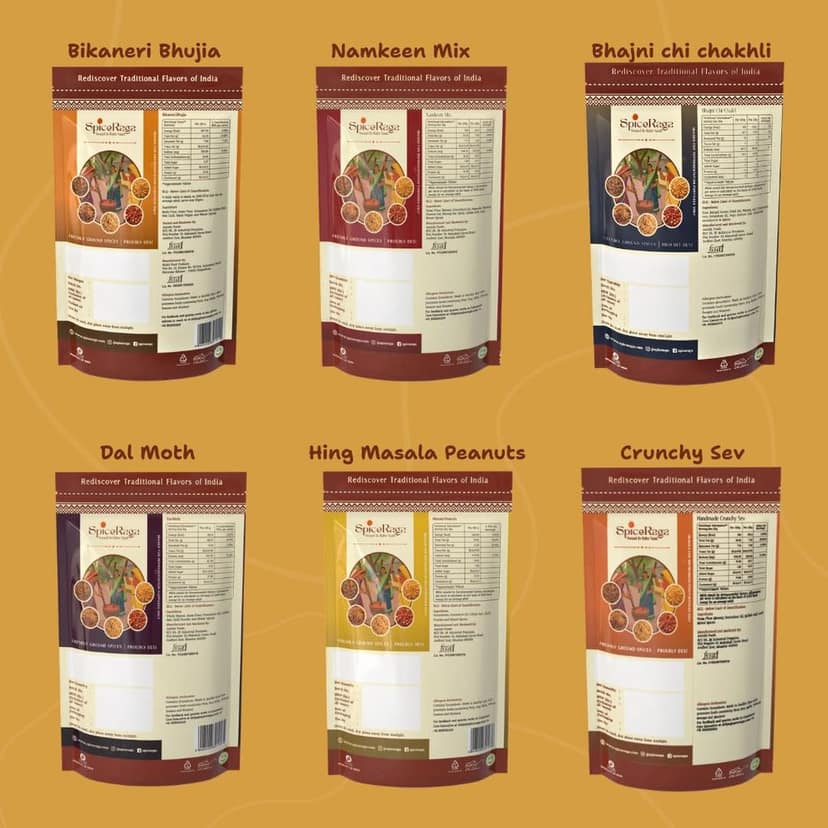 SpiceRaga | Bikaneri Bhujia, Dalmoth, Mix Namkeen, Hing Masala Peanuts, Bhajni Chi Chakli, Crunchy Sev (Pack of 6)| Made With Pure Groundnut Oil | No Palm Oil | No Trans Fat | Jain Indian Snacks Combo view 2