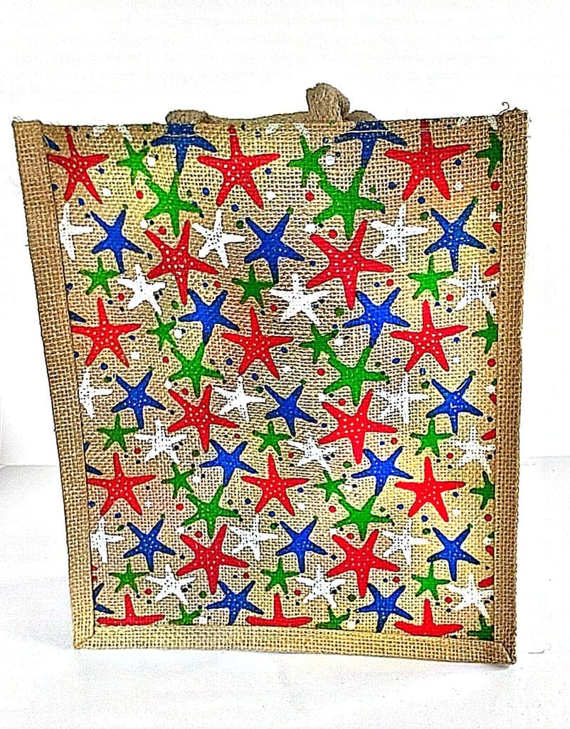 Colorful starfish printed jute tote bag