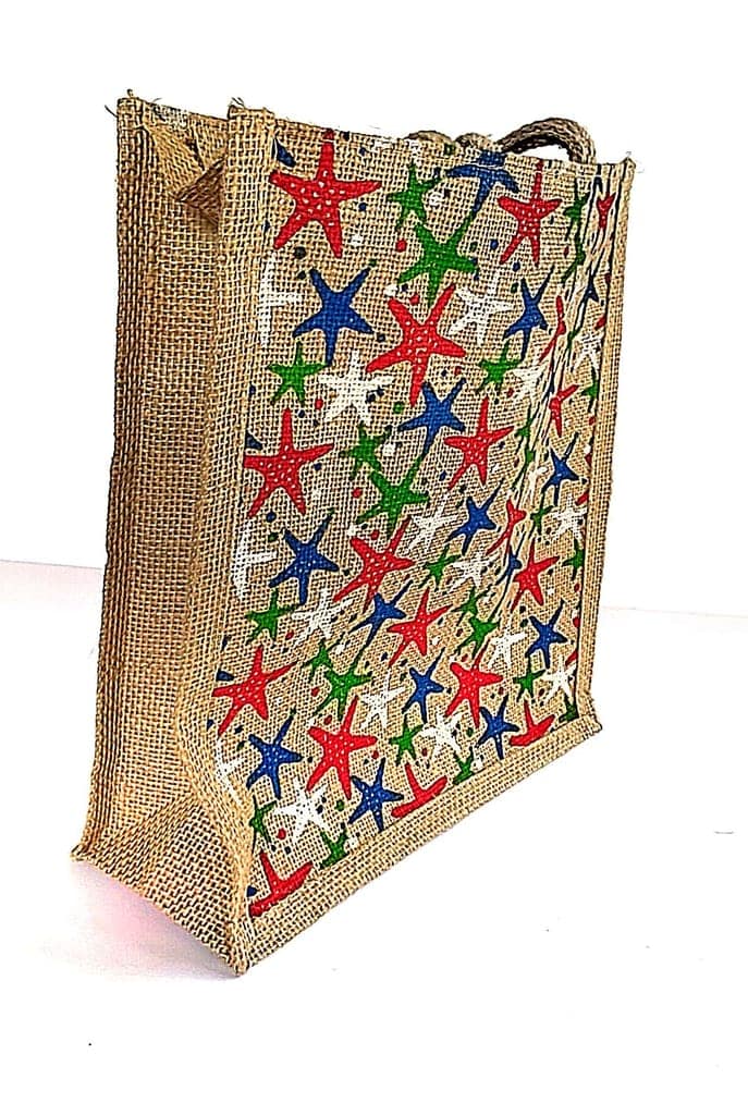 Colorful starfish printed jute tote bag view 2