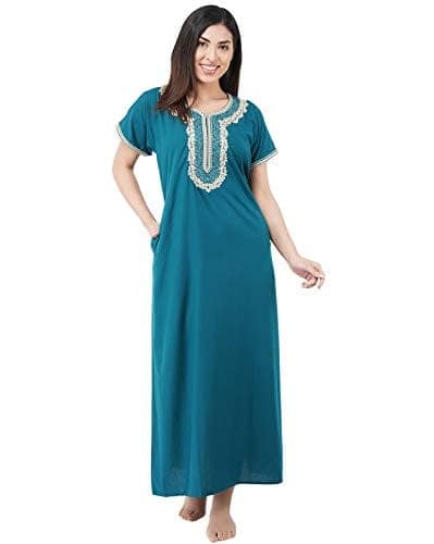 KOI SLEEPWEAR Premium Women White Contrast Embroidery Night Gown Lizzybizzy Cotton Nighty Maxi (X-Large, Teal Blue)�