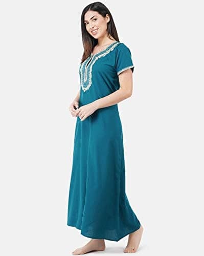 KOI SLEEPWEAR Premium Women White Contrast Embroidery Night Gown Lizzybizzy Cotton Nighty Maxi (X-Large, Teal Blue)� view 2