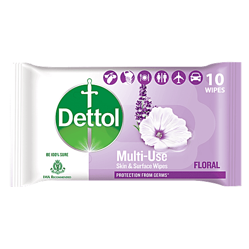 Dettol Disinfectant Sanitizer Wet Wipes - For Skin & Surfaces, Moisture Lock, Floral, 10 pcs