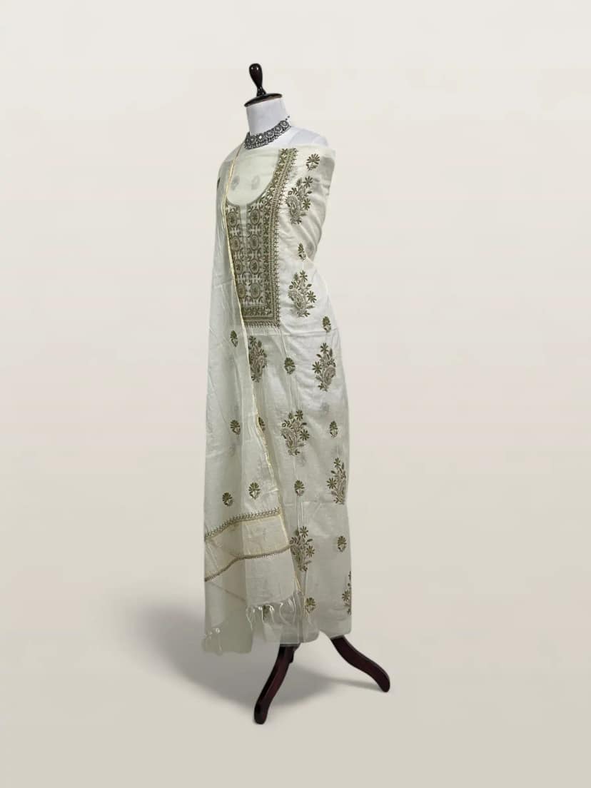 Chikankari Mul Chanderi Dress Material Ivory Green Floral view 2