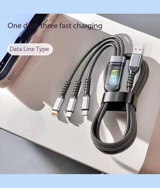 100W Fast Charging 3.0 USB Cable 4 Ft / 1.2M To 3-In-1 Long Charging Cord With Type C + Micro Usb + Lightning Connector 480 Mbps Data Transfer For Laptop,Tablets,Smartphones & More, Black