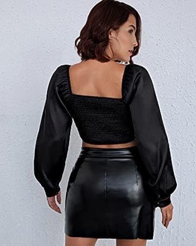 Kulfi Ruched Women's Bust Lantern Sleeve Top(Black, Small) view 2
