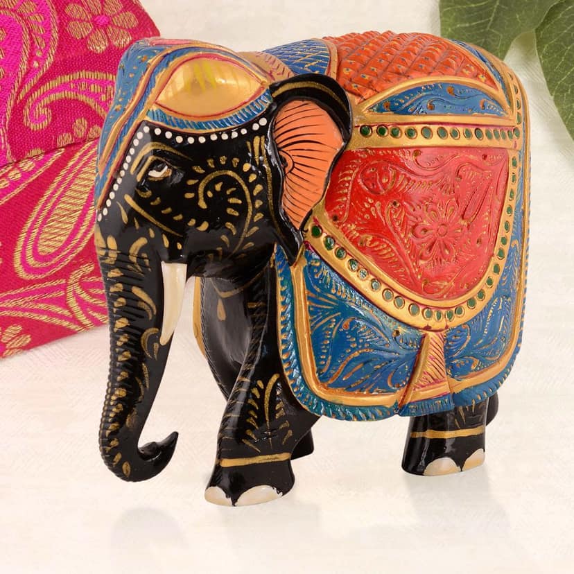 Tribes Multi Color Hand Painted Wooden Elephant 6 Inch view 2