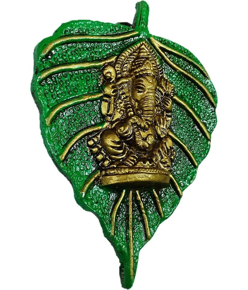 AFTERSTITCH Lord Ganesha wall hanging Green Metal Leaf God Ganpati Idol (Pack of 1) view 2