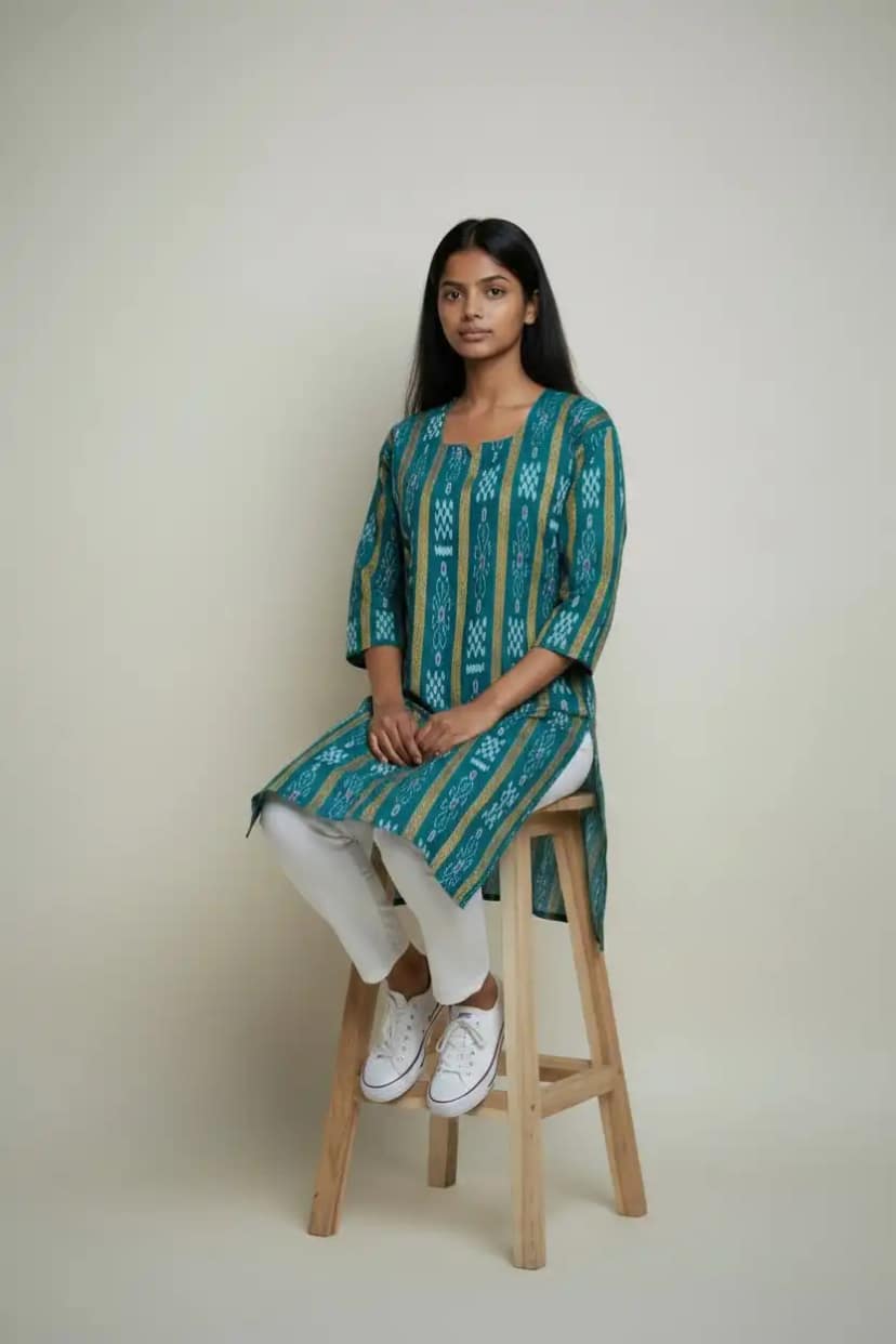 Sambalpuri Bandhakala Handloom Cotton Kurti in Blue view 2