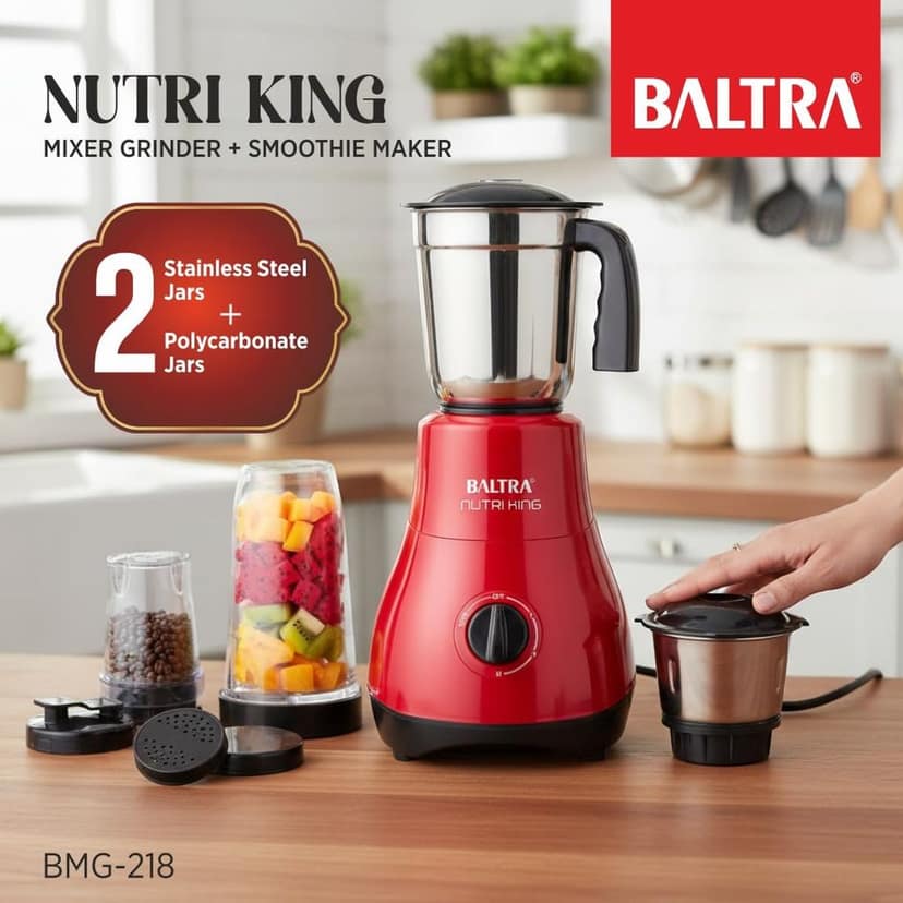 Baltra Nutri King Mixer Grinder for Kitchen - 4 Jars 550 Watt Mixie - 2 Nutri bullet Jars for Smoothie & Blending, Chutney Jar & Liquidizing Jar used as Wet Grinder & Blender - Stainless Steel Blades view 2