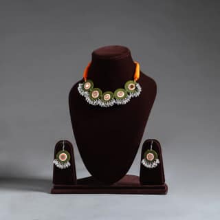 Multicolor Mirror Work German Silver Choker Set