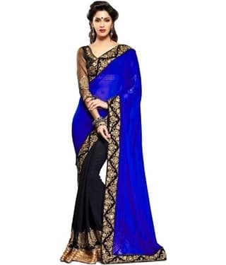 Reya Georgette Saree With Unstitched Blouse Piece ( Blue,Black )