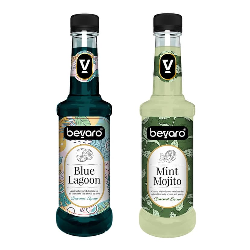 BEVARO Mint Mojito Syrup and Blue Lagoon Syrup Combo, 300ml each Blue Lagoon + Mint Mojito (600 ml, Pack of 2)